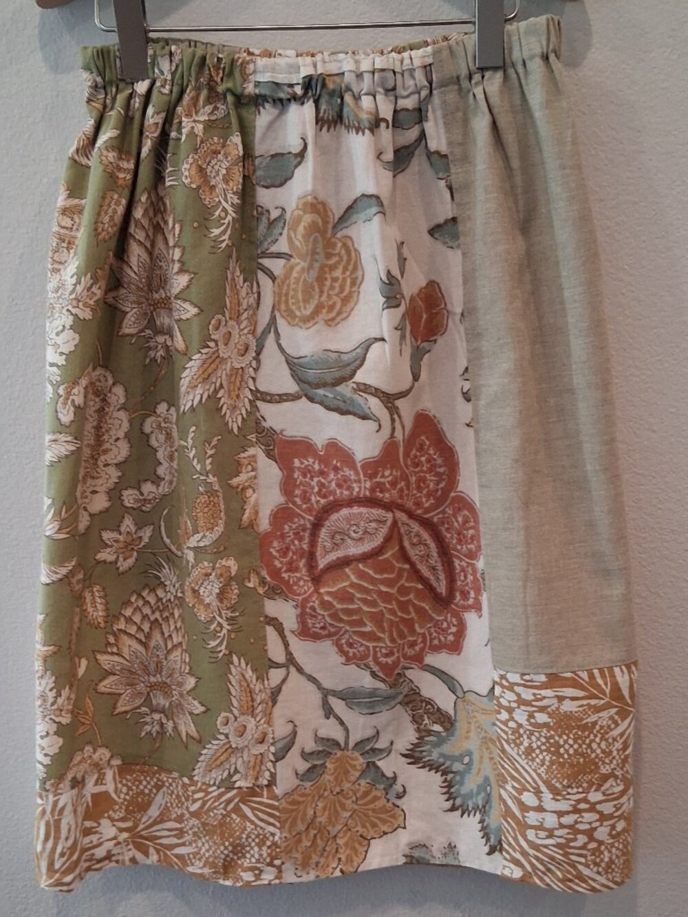 Upcycled Patchwork Floral Midi Skirt Boho Cottagecore Handmade Elastic Waist M